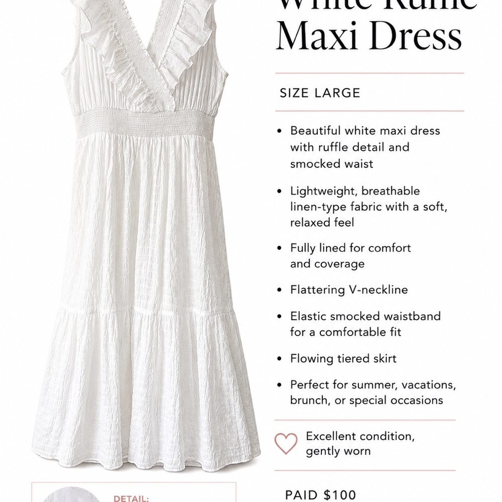 White Ruffle V-Neck Maxi Dress with Smocked Waist
